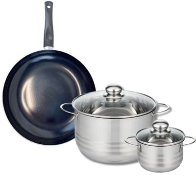 Set van 1 Koekenpan 24 cm en 2 kookpotten 12 en 24 cm Elo Prima Glanzend