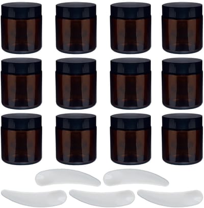 Dailygoods- Crèmepot 100 ml - Set van 12 - Amber Glas - UV-bescherming - Goede afsluiting - Inclusief 5 Spatels - Perfect voor cosmetica - Cosmetic Jar