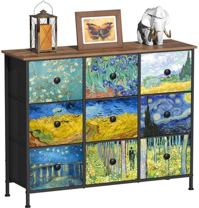 TRANKIELO® - Commode met 9 stoffen laden – Van Gogh-patroon – Stabiel metalen frame – Houten plank