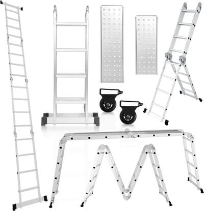 582 cm Multifunctionele Vouwladder Aluminium Professioneel - Inclusief 2 Werkoppervlakken en Wielen
