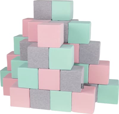 KiddyMoon Zachte Blokken voor Baby 48 Stuks - Montessori speelgoed 1 jaar - Speelmat foam - Foam blokken speelgoed kinderen XXL - Montessori baby - Zachte baby speelgoed - Schuimrubber speeltoestel - Baby speeltuin - Lichtgrijs-Roze-Munt