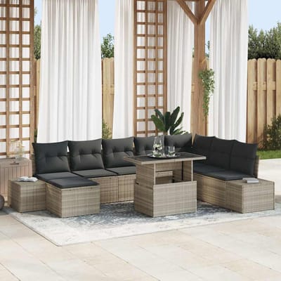 vidaXL Tuinbank Set met kussen met opslag 9 pcs Lichtgrijs poly rattan
