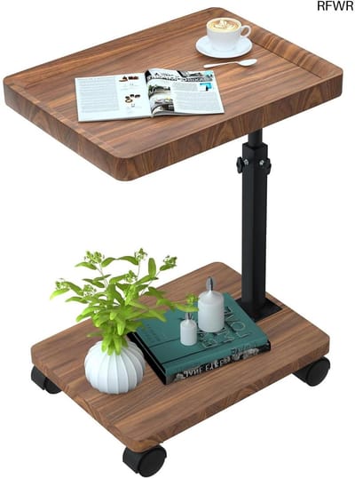 RFWR® Verstelbare C-vormige Bijzettafel met Wieltjes - Houten Salontafel 360° Draaibaar