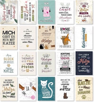 Set van 20 Postkaarten met Katten & Spreuken - Diverse Motieven - DIN A6 Ansichtkaarten