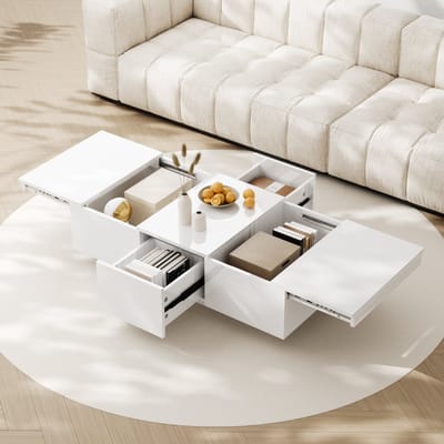 REDOM Salontafel Hoogglans Wit met Push-Pull Opbergruimte, Twee Schuifladen en 100×50×31 cm
