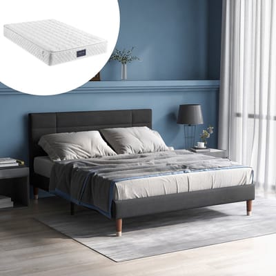 MIVRAY Gestoffeerd Bed 140x200 cm - Tweepersoonsbed Zonder Matras met Hoofdbord en Lattenbodem - Met Opbergruimte - Stof - Grijs