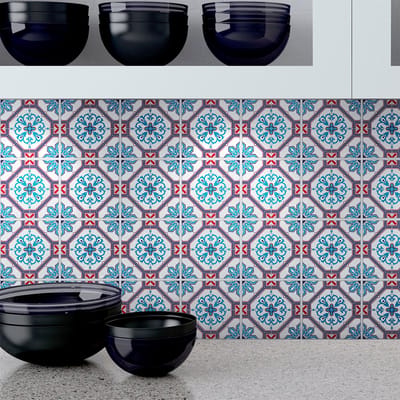 Zelfklevende tegelmuurstickers voor keuken en badkamer - 24 cementtegelstickers, Azulejos Calantha - 24 stickers, 10x10cm
