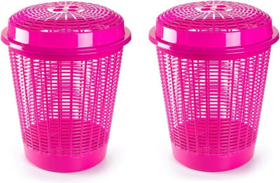 Plasticforte Wasmand met deksel - 2x stuks - 50 liter - roze - rond - D45 x H57 cm - opbergmand