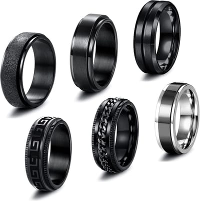 MTTproducts- Herenringen Set - 6 Stuks - Roestvrij Staal - Zwarte Draairingen - Keltische Ringen - Verstelbaar - Maat 54-70 - Ringenset
