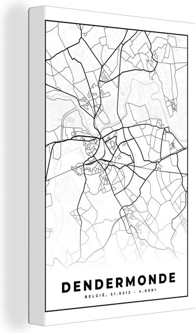 Canvas Schilderij Stadskaart – Zwart Wit - Kaart – Dendermonde – België – Plattegrond - 20x30 cm - Wanddecoratie
