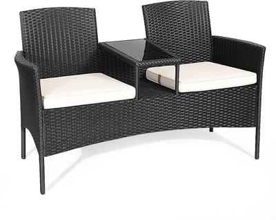 Collox 2-zits bank voor buiten - Tuinmeubilair - Buitenstoel voor 2 personen - Met glazen salontafel in het midden - Inclusief kussen - Zwart - 138 x 61 x 85 cm