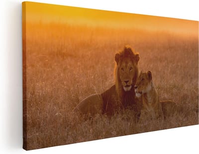 Artaza Canvas Schilderij Leeuw - 40x20 cm - Klein - Wanddecoratie Leeuwenpaar - Muurdecoratie Dieren - Schilderijen Op Canvas Safari