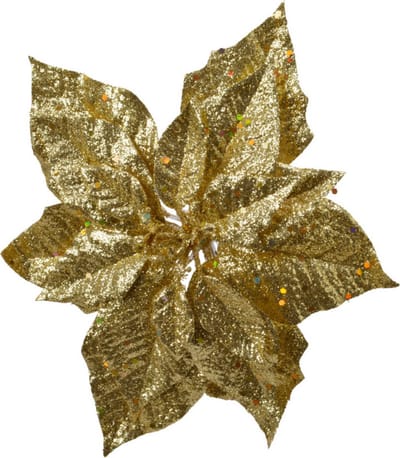 1x stuks decoratie bloemen kerststerren goud glitter op clip 23 cm - Decoratiebloemen/kerstboomversiering