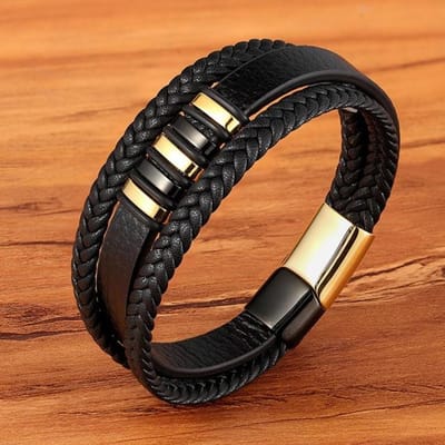Bracelet à breloques magnétique en acier inoxydable pour homme, en cuir véritable tressé, style punk rock, accessoires de bijoux, ami 21cm black