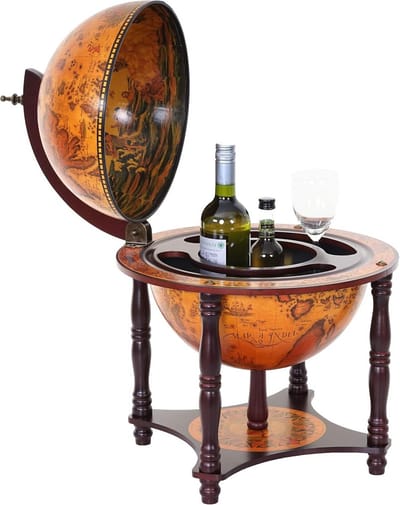 Tafelbar Minibar met Wereldbol - Eucalyptushout Ø 33 cm - Decoratieve Wijnrek