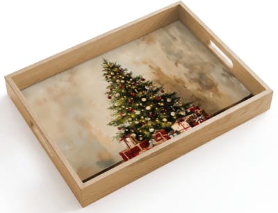 Dienblad hout 40x30 cm - Schootdienblad - Kerstboom - Versierd - Kleurrijk - Borrelplank rechthoek - Plateau dienbladen