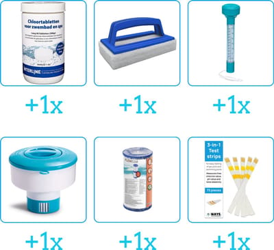 Zwembad Onderhoudspakket - Onderhoud Zwembad - bevat Chloor - Scrubborstel - Thermometer - Chloordrijver - Filter en Testrips (6-delig)
