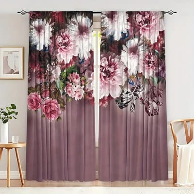 2 stuks Meerkleurige Levendige Bloemenpatroon Gordijnen Semi Verduisterende Gordijnen, Slaapkamer, Woonkamer, Raam, Keuken, Kantoor, Huisdecoratie W65X60H(cm)X2Pcs&Hook