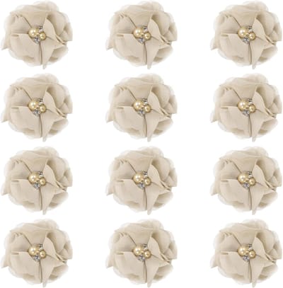 Chiffon Bloemen - Stoffen Applicaties - DIY Ambachten - Met Strass Parel - 12 Stuks - Beige