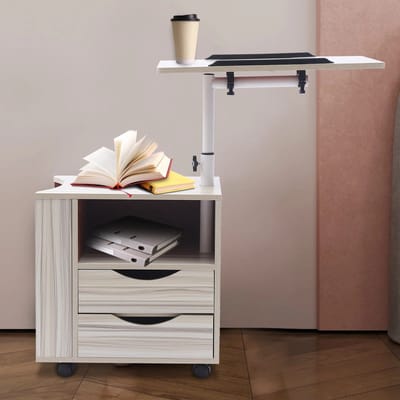 DHN Verstelbare Nachtkastje - 2 Lade - Mobiele Draaibare Nachtkastje - Met Wielen - Bijzettafel - Laptoptafel - Creme/Wit