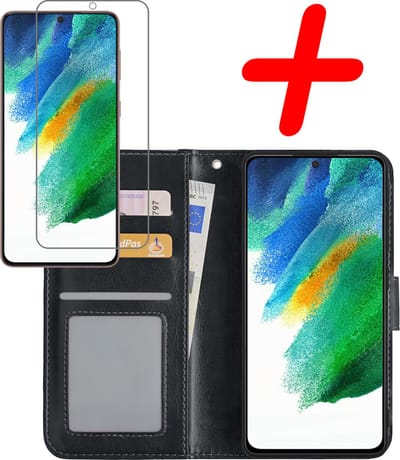 Hoesje Met Screenprotector - Geschikt voor Samsung Galaxy S21 FE - Luxe Pasjeshouder - Bookcase Portemonee - Flip Case - Kunstleer Book Case - Flipcase - Book Cover - Walletcase - Portemonneehoes - Zwart