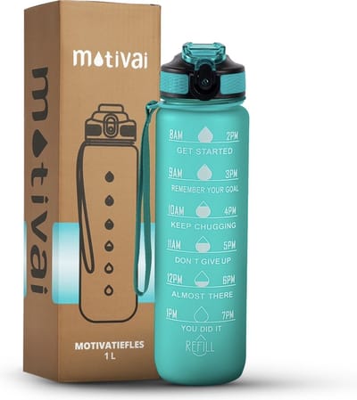 Motivai Motivatie Waterfles met Rietje & Tijdmarkering – 1 Liter – Lekvrij & BPA-vrij Drinkfles – Inclusief Extra Afsluitklepje – Turquoise
