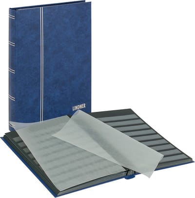 Lindner 1168 Lotus Postzegelalbum - BLAUW - groot formaat 32 blz. zwarte bladen - XL - Luxe - Postzegels - insteekalbum - insteek - stockboek