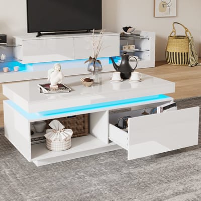 DESMIU Salontafel - Hoogglans Met Led Verlichting En Lade - Voor Woonkamer En Gezellige Hoek - Spaanplaat - Wit - 100x50x40,3 Cm
