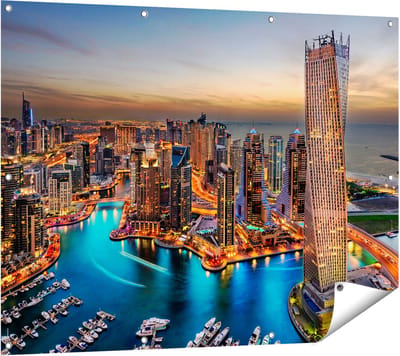 Gards Tuinposter Dubai Haven met de Stad - 120x90 cm - Tuindoek - Tuindecoratie - Wanddecoratie buiten - Tuinschilderij