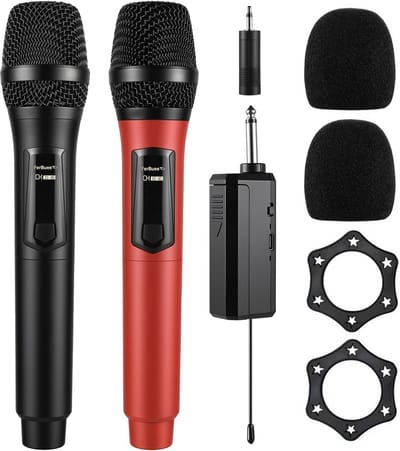 Draadloos Microfoonsysteem - Handmicrofoon Set - Feest Karaoke Vergadering - Automatisch Koppelen - 30cm Pakket - Zwart Rood