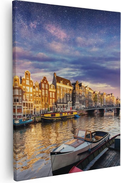 Artaza Canvas Schilderij Amsterdamse Grachten - 40x50 cm - Wanddecoratie Sterrenhemel - Muurdecoratie Boten - Kamer Accessoires