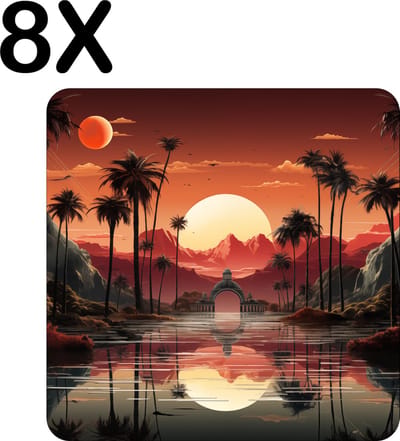 Luxe Placemat - Getekend - Palmbomen - Zon - Landschap - Weerspiegeling - Set van 8 Placemats - 50x50 cm - 2 mm dik Vinyl - Anti Slip - Afneembaar