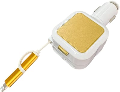 Intrekbare micro-USB- auto lader - dubbele USB-poorten - auto oplader met Geschikt voor Microusb & Lightning kabel - goud
