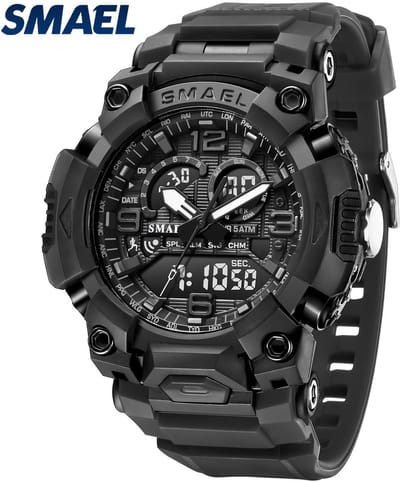 sportief zwart horloge dubbel scherm met tijd datum chronometer alarm waterdicht en led licht