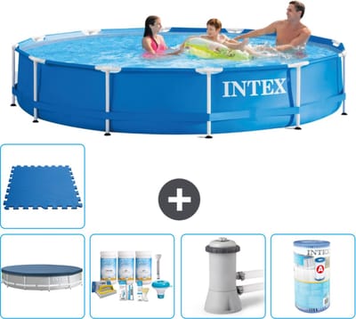 Intex Rond Frame Zwembad - 366 x 76 cm - Blauw - Inclusief Afdekzeil - Onderhoudspakket - Zwembadfilterpomp - Filter - Vloertegels - 6-delig