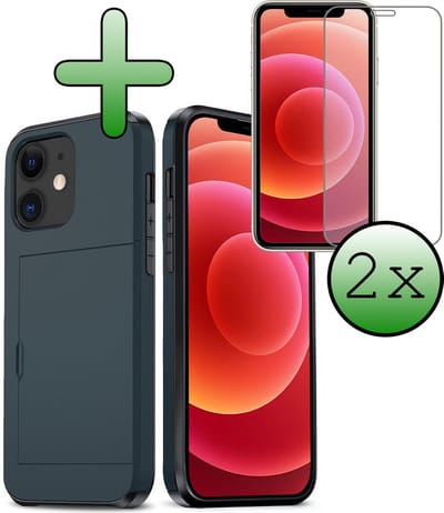 Hoes Geschikt voor iPhone 11 Hoesje Hard Case Met Pas Houder Met 2x Screenprotector - Hoesje Geschikt voor iPhone 11 Hoes Shockproof Hard Cover Met Kaarthouder - Donkerblauw