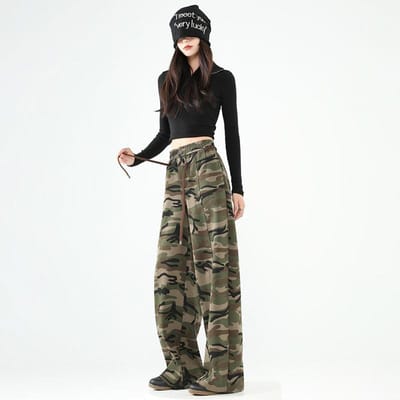 Retro Camouflage Sportbroek voor Dames voor Lente en Herfst Losse Rechte Casual Sport Werkbroek Lazy Style Broek XL black
