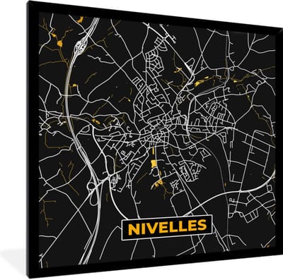 Fotolijst incl. Poster - Nivelles - Plattegrond - Kaart - Goud - Stadskaart - 40x40 cm - Posterlijst