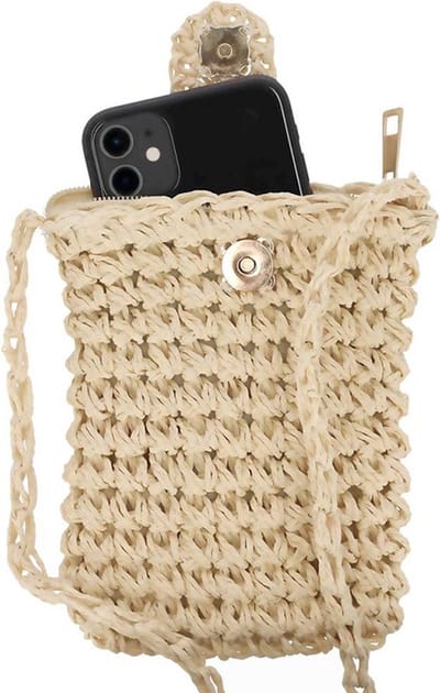 Telefoontasje dames met rits en drukknoop - Schoudertasje telefoon - Gevlochten papierstro - Beige