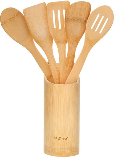 Cheffinger, Bamboe Spatelset Keuken met Bestekhouder, Bruin / Beige