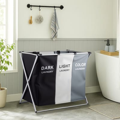 3 Vakken Vuile Wasmand, Opbergmand voor Vuile Was, Opvouwbare Sorteermand voor Wasgoed, Huishoudelijke Wasmand met Deksel, Geschikt voor Woonkamer, Slaapkamer, Badkamer, Huisorganisatie ( Zwart & Wit & Grijs )