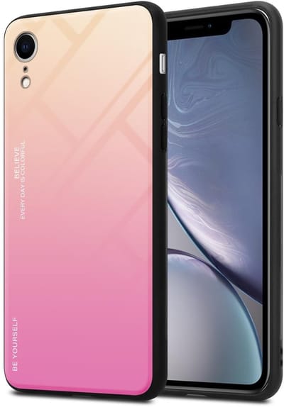 Cadorabo Hoesje geschikt voor Apple iPhone XR in GEEL - ROZE - Tweekleurige beschermhoes van TPU-silicone Case Cover en achterzijde van gehard glas