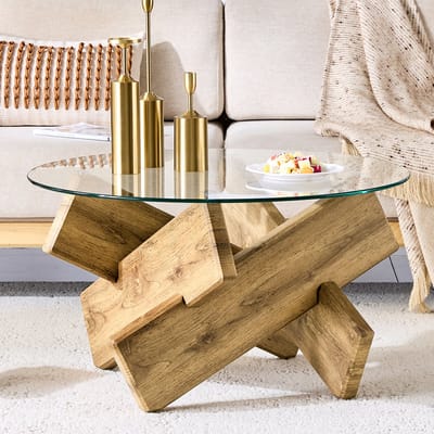 MODENUIT Salontafel - Rond Glazen Blad Met Kruisvoet - Voor Woonkamer En Leeshoek - MDF Houtlook - 79x45 cm