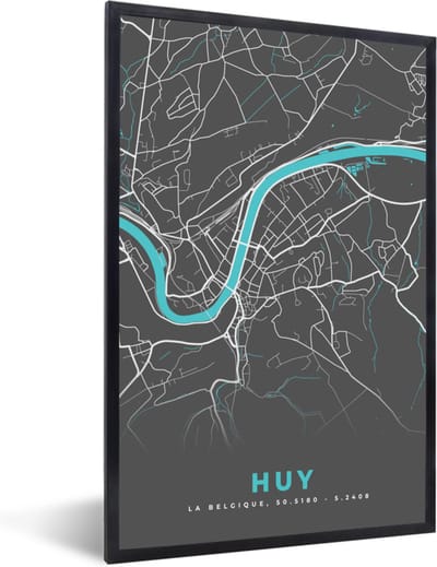 Fotolijst incl. Poster - Plattegrond – Huy – Blauw – Stadskaart - Kaart - België - 40x60 cm - Posterlijst