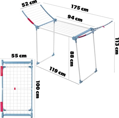 KADAX Droogrek met 18 m drooglengte, stabiele vleugeldroogdroger van roestvrij staal, inklapbaar, met antislip voeten, voor beddengoed en kleding, gemaakt in de EU (wit/blauw)