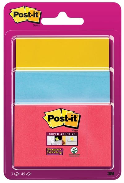 Post-it Super Sticky notes | 45 vel | 3 formaten | geassorteerde kleuren | op blister