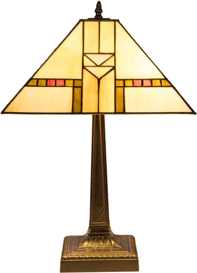 Tiffany tafellamp Art Deco - Crème-amber - B 35 cm - Glas in lood - Warm licht - Geometrisch - Vierkante kap | RORUVERA