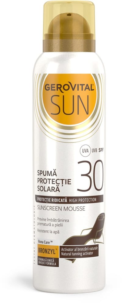 Gerovital SUN Zonnebrand Mousse SPF 30 – Waterbestendige Zonbescherming met UVA/UVB Filters – Lichte Verkoelende Textuur – met Vitamine E & RonaCare™ Bronzyl® - 150 ml