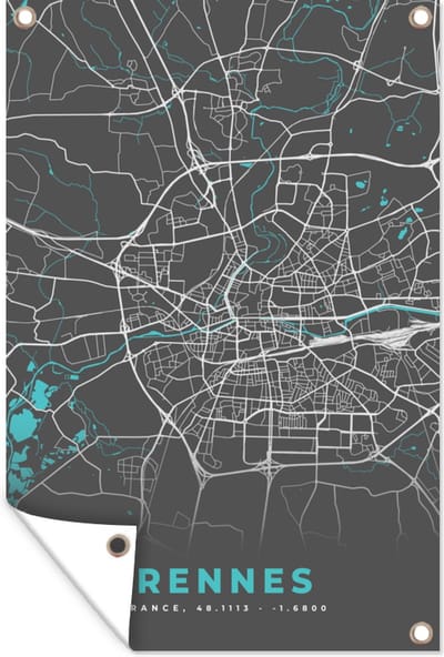 Muurdecoratie Stadskaart - Kaart - Plattegrond - Frankrijk - Rennes - 120x180 cm - Tuinposter - Tuindoek