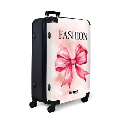 NoBoringSuitcases.com® - Koffer groot - Reiskoffer lichtgewicht - Crèmekleur met roze strik en zwarte quote 'fashion' - Rolkoffer met 4 wielen - Grote trolley XL - 98 liter bagage